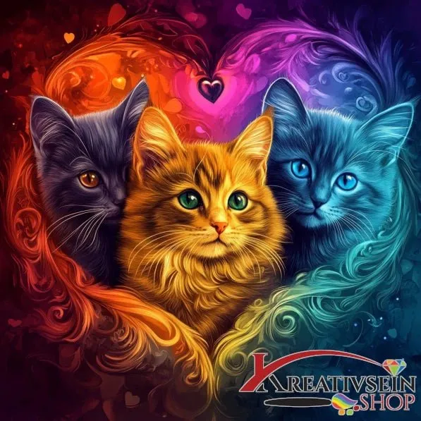 3 Kätzchen mit Herzen - 5D DIY Diamond Painting