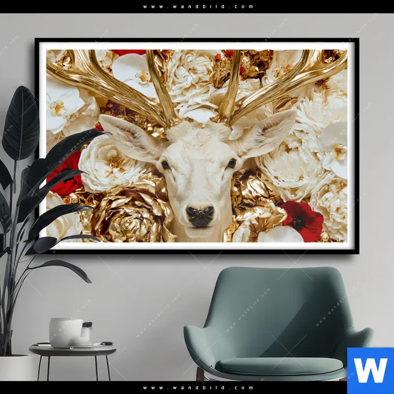 Poster | Weißer Hirsch zwischen Rosen | Querformat
