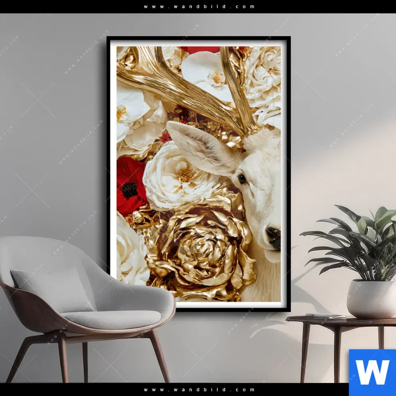 Poster | Weißer Hirsch zwischen Rosen | Hochformat