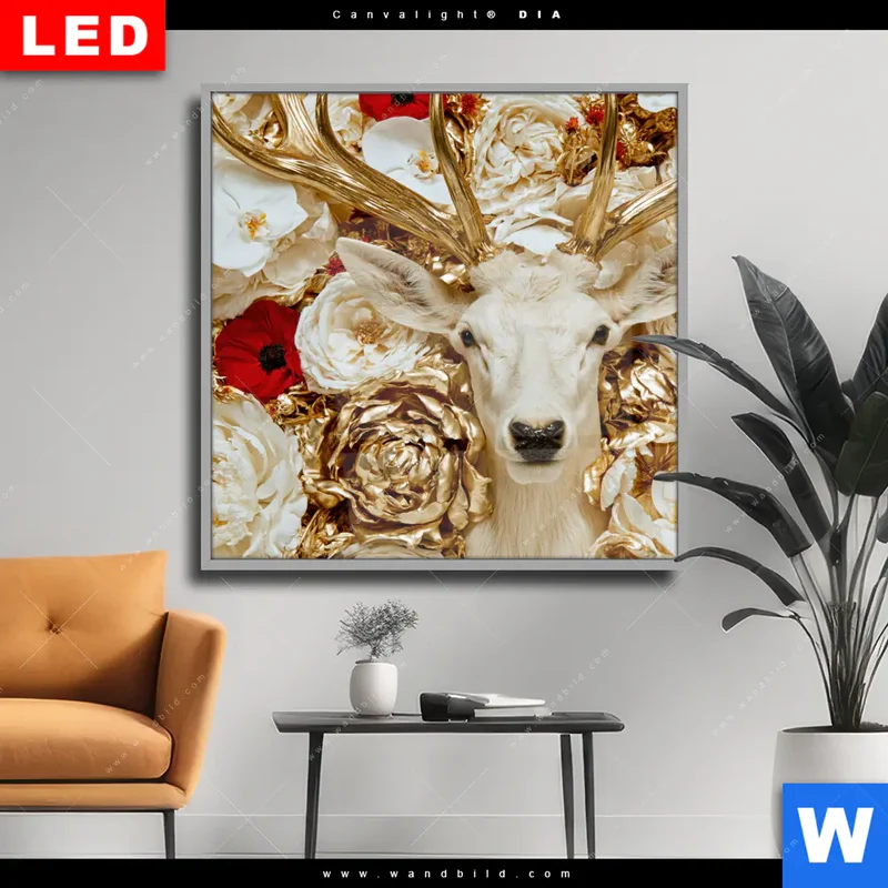 Wechselmotiv Acrylglas Canvalight® DIA | Weißer Hirsch zwischen Rosen | Quadrat