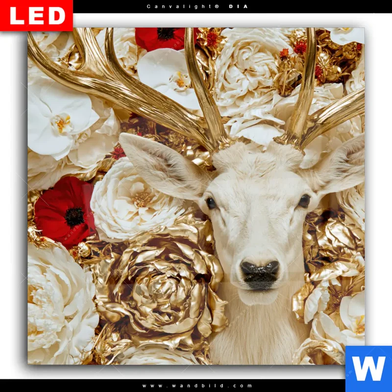 Wechselmotiv Acrylglas Canvalight® DIA | Weißer Hirsch zwischen Rosen | Quadrat