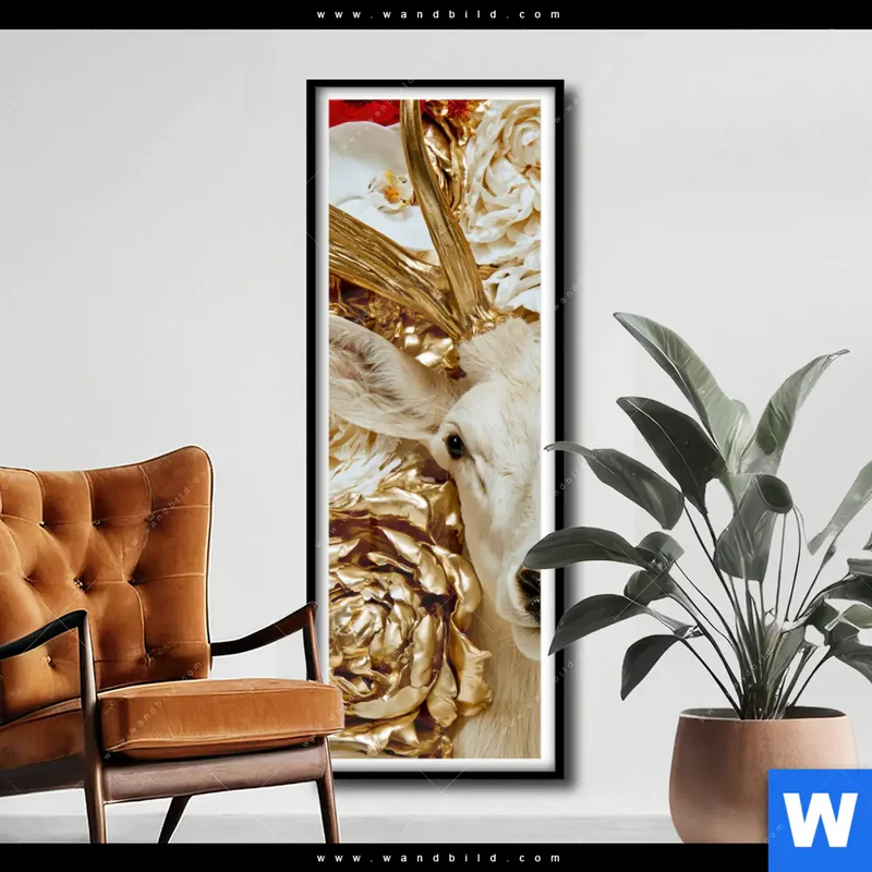 Poster | Weißer Hirsch zwischen Rosen | Schmal
