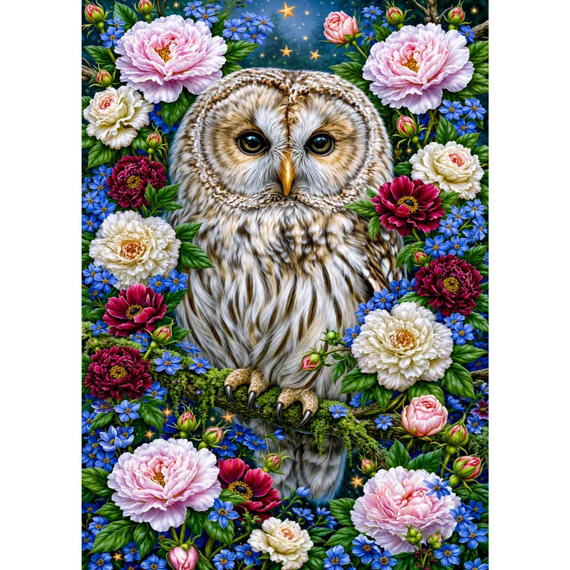 5D Diamond Painting – Eule im Garten der Sternenblüten
