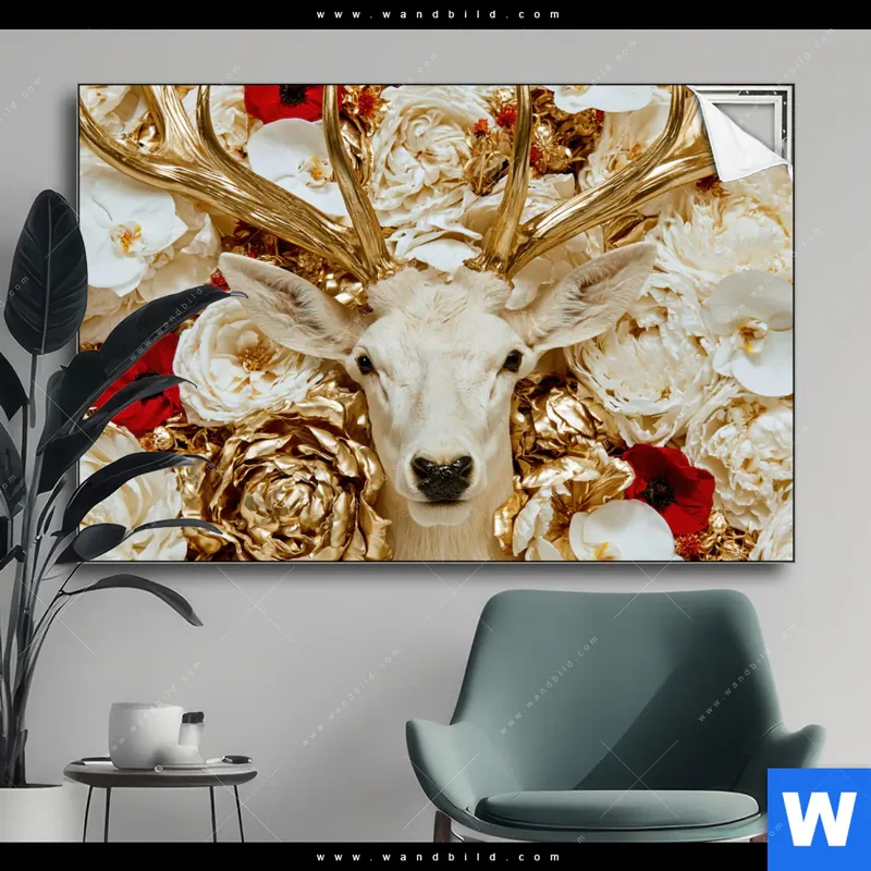 Spannbild | Weißer Hirsch zwischen Rosen | Querformat