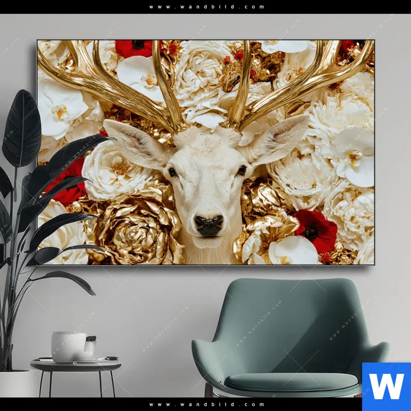 Wechselmotiv | Weißer Hirsch zwischen Rosen | Querformat