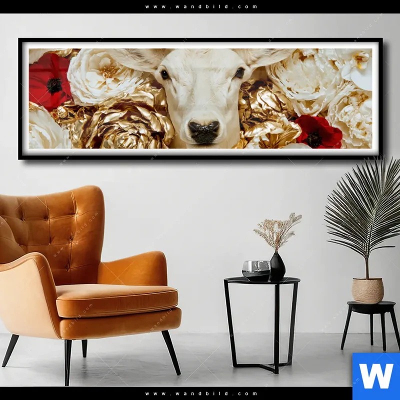 Poster | Weißer Hirsch zwischen Rosen | Panorama