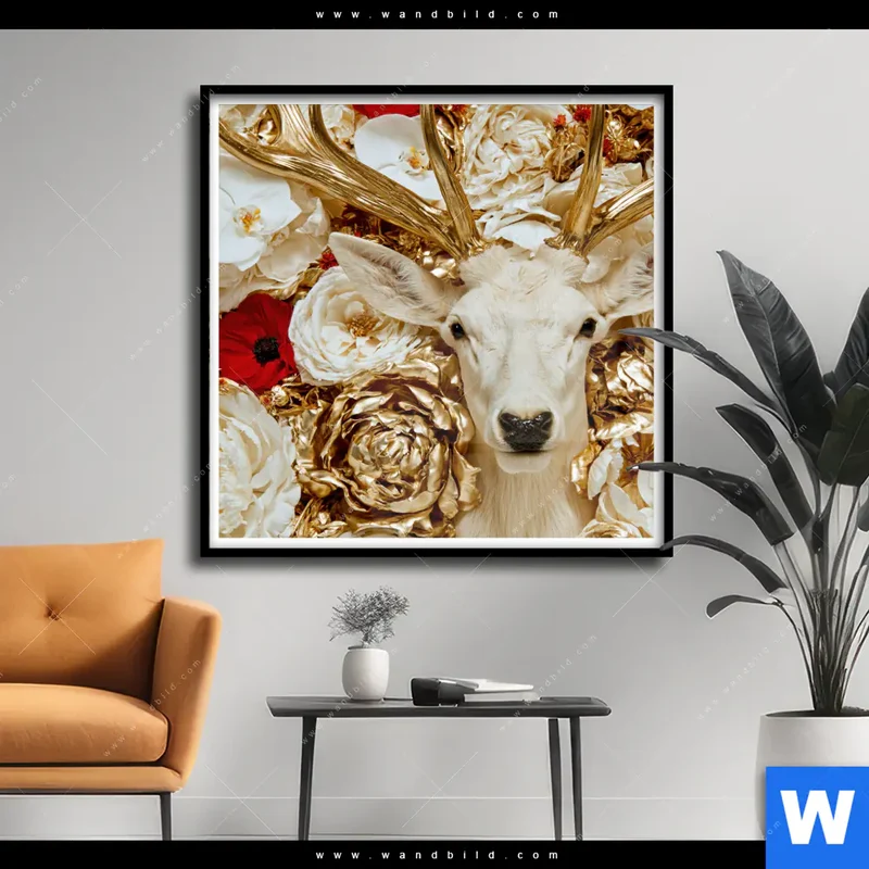 Poster | Weißer Hirsch zwischen Rosen | Quadrat