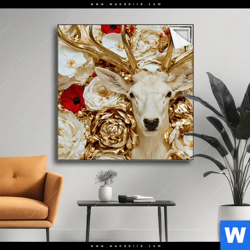 Spannbild | Weißer Hirsch zwischen Rosen | Quadrat