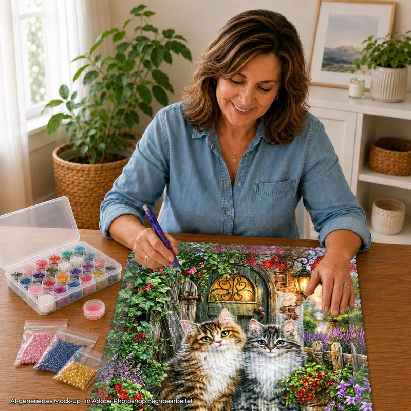 5D Diamond Painting – Zauberhafte Kätzchen am Gartentor