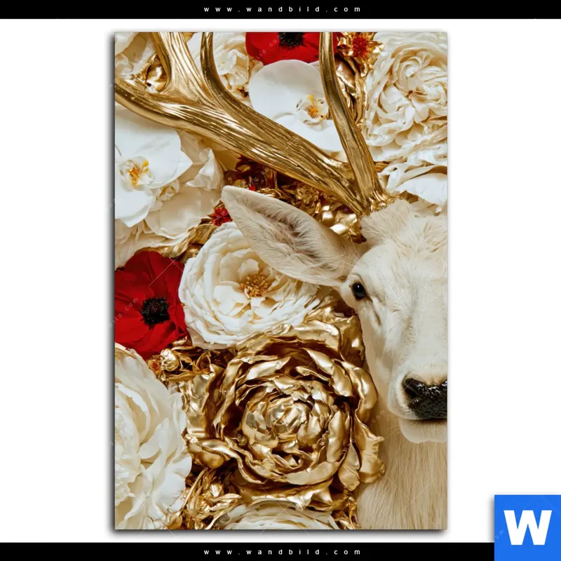 Wechselmotiv | Weißer Hirsch zwischen Rosen | Hochformat