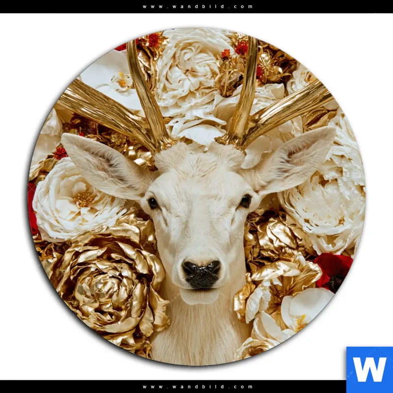 Acrylglasbild | Weißer Hirsch zwischen Rosen | Rund