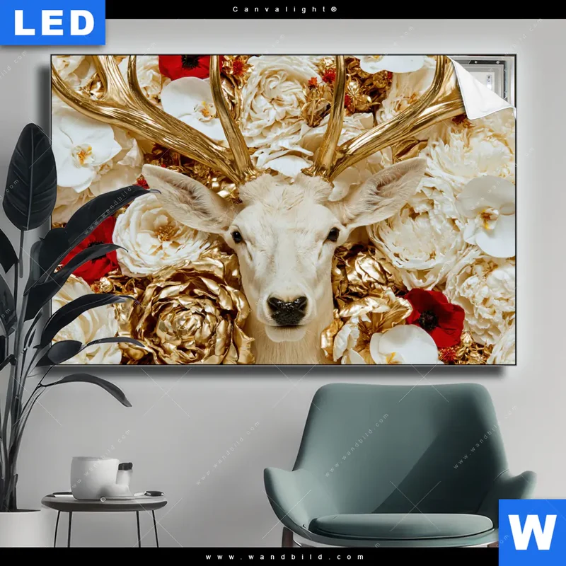 Canvalight® Leuchtbild | Weißer Hirsch zwischen Rosen | Querformat