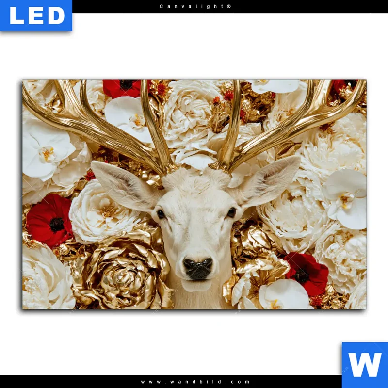Canvalight® Leuchtbild | Weißer Hirsch zwischen Rosen | Querformat