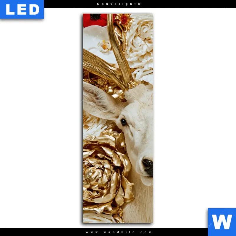 Canvalight® Leuchtbild | Weißer Hirsch zwischen Rosen | Schmal