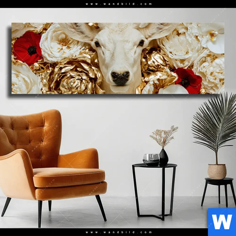 Leinwandbild | Weißer Hirsch zwischen Rosen | Panorama