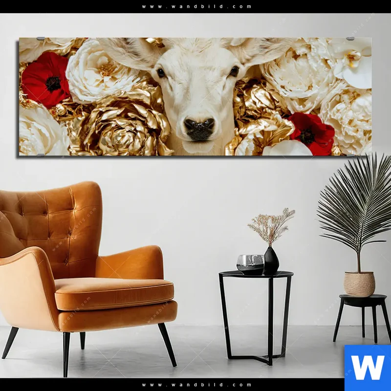 Aluminiumbild gebürstet | Weißer Hirsch zwischen Rosen | Panorama
