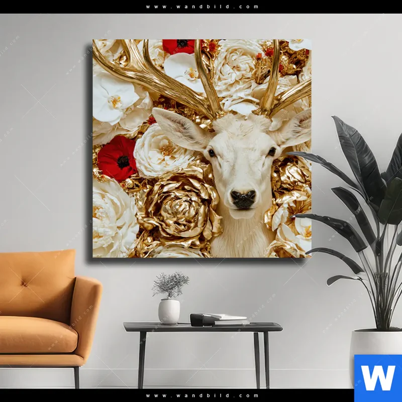 Leinwandbild | Weißer Hirsch zwischen Rosen | Quadrat
