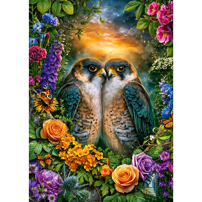 5D Diamond Painting – Falkenliebe im Blütenparadies