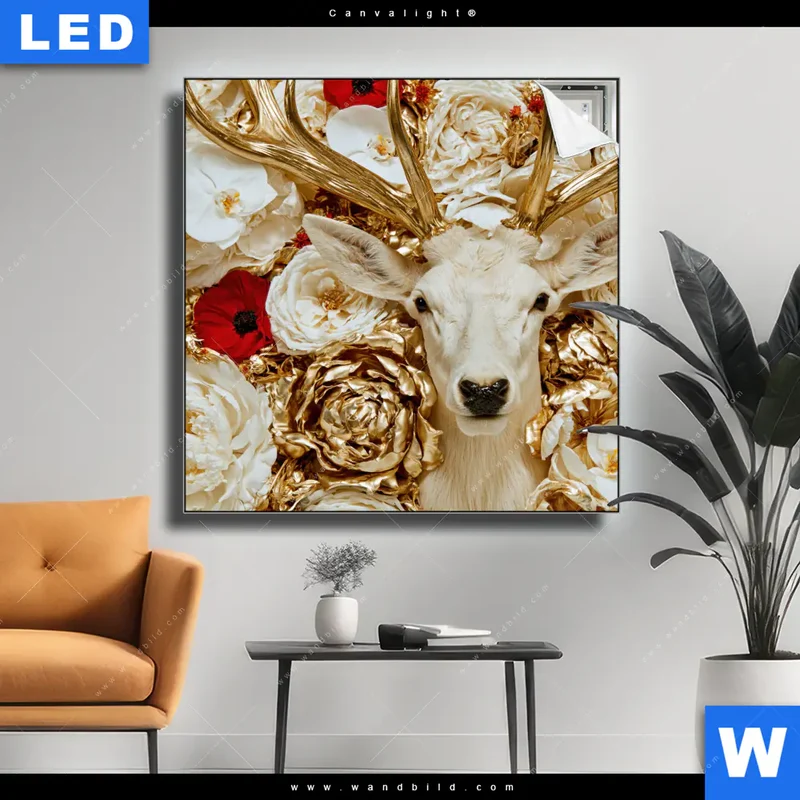 Canvalight® Leuchtbild | Weißer Hirsch zwischen Rosen | Quadrat