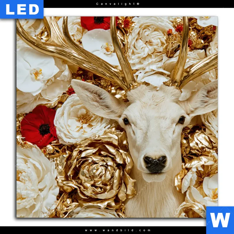 Canvalight® Leuchtbild | Weißer Hirsch zwischen Rosen | Quadrat