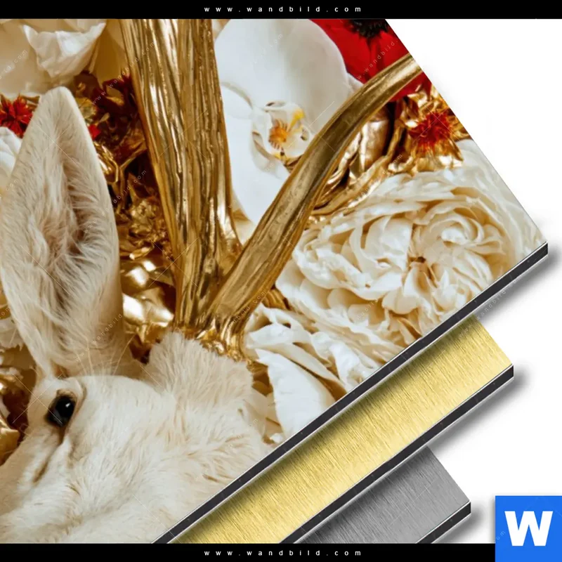 Aluminiumbild gebürstet | Weißer Hirsch zwischen Rosen | Hochformat