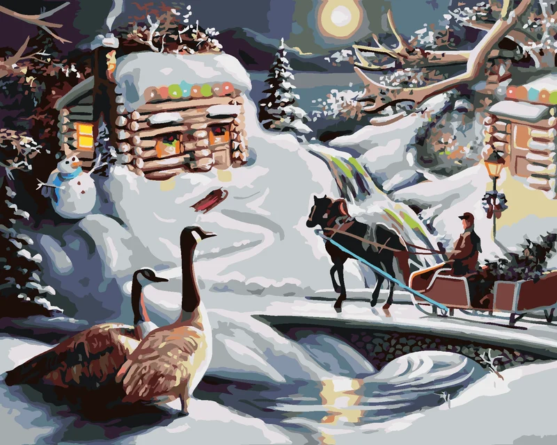 Diamond painting - WEIHNACHTSMANN, SCHNEEMANN, SCHLITTEN UND ENTEN IM WINTER (D. RUSTY RUST)