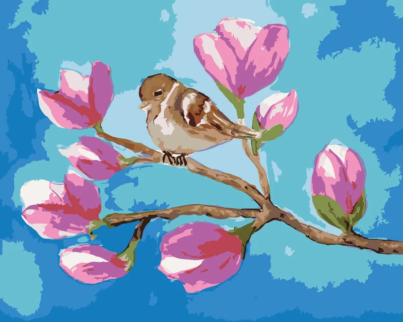 Diamond painting - SITZENDER SPATZ AUF DEM ZWEIG MIT MAGNOLIENBLÜTEN