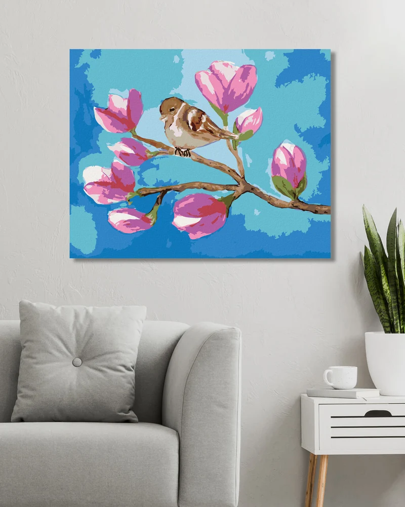 Diamond painting - SITZENDER SPATZ AUF DEM ZWEIG MIT MAGNOLIENBLÜTEN