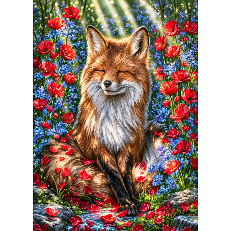5D Diamond Painting – Traumfuchs im Blütenlicht