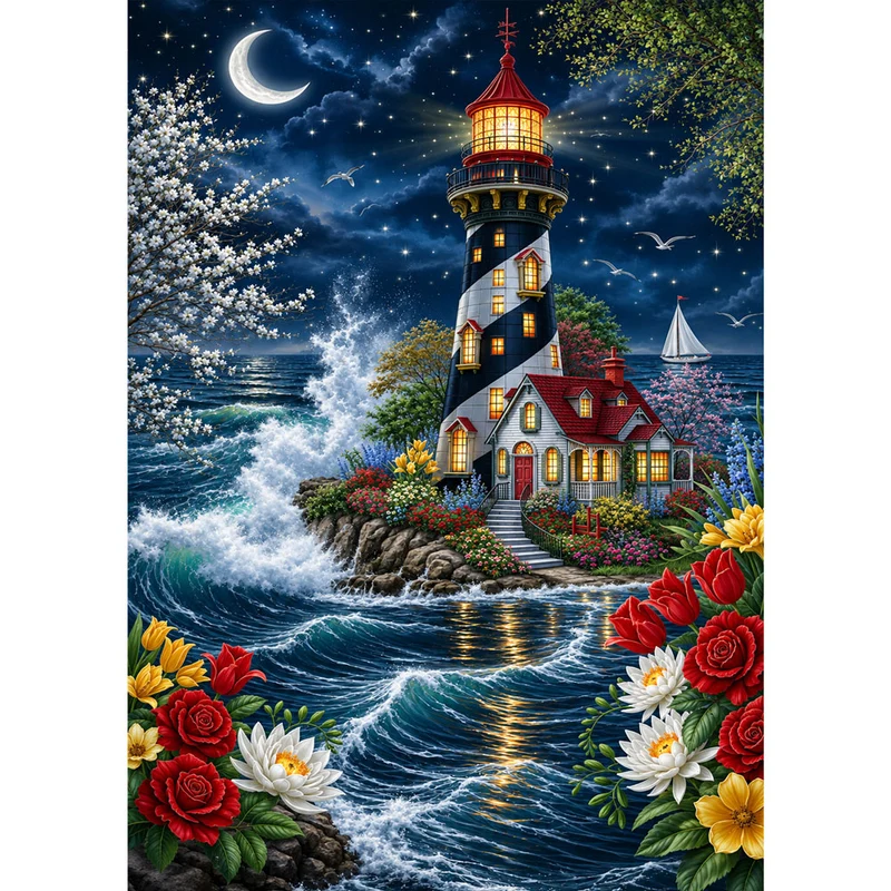 5D Diamond Painting – Leuchtturm der Mondscheinwellen