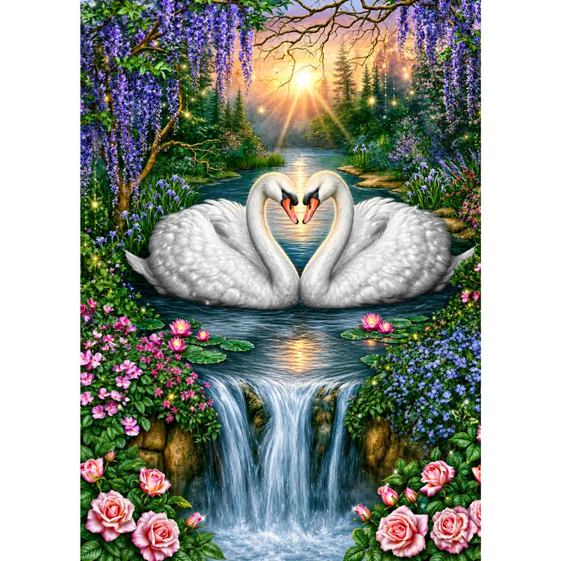 5D Diamond Painting – Schwanenliebe am Wasserfall