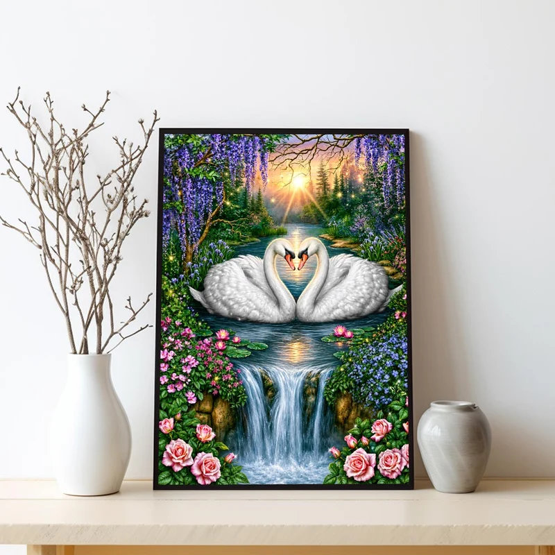 5D Diamond Painting – Schwanenliebe am Wasserfall