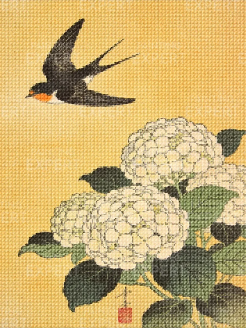 Diamond Painting Schwalbe über weißen Hortensien Japan
