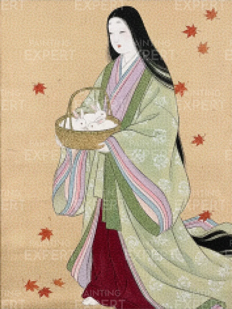 Diamond Painting Weiße Kaninchen im Herbstkorb Japan