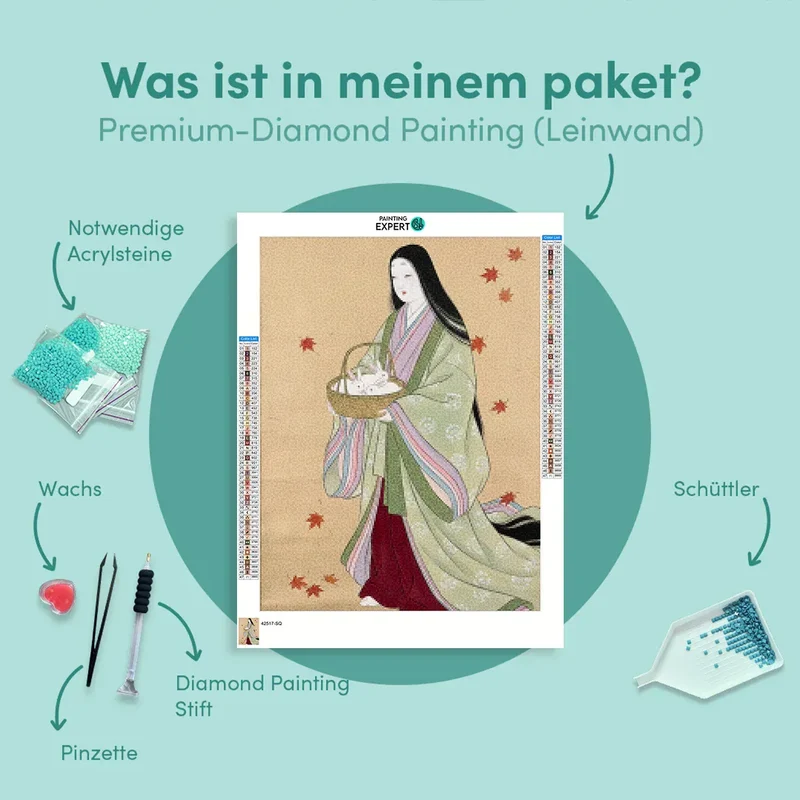 Diamond Painting Weiße Kaninchen im Herbstkorb Japan