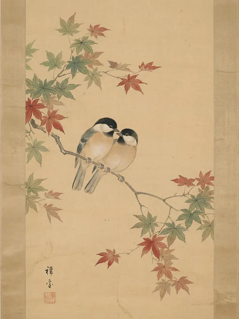Diamond Painting Zwei Vögel zwischen Ahornblättern (Herbst) Japan