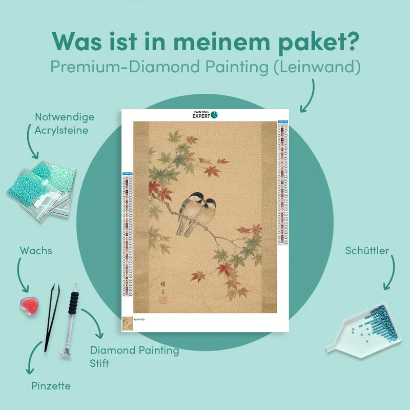 Diamond Painting Zwei Vögel zwischen Ahornblättern (Herbst) Japan