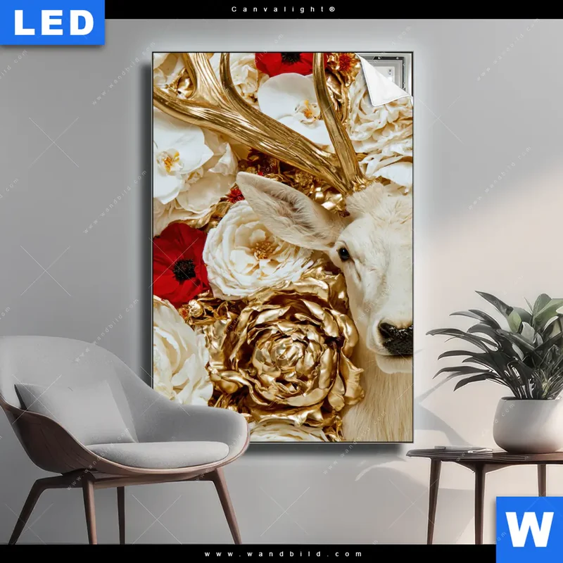 Canvalight® Leuchtbild | Weißer Hirsch zwischen Rosen | Hochformat