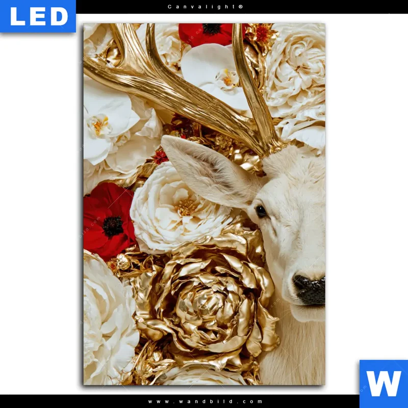 Canvalight® Leuchtbild | Weißer Hirsch zwischen Rosen | Hochformat