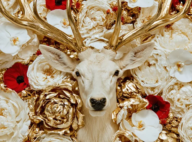 Canvalight® Leuchtbild | Weißer Hirsch zwischen Rosen | Hochformat