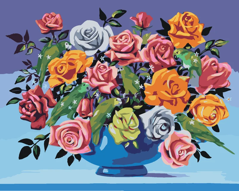 Diamond painting - ROSEN IN EINER VASE UND PAPAGEIEN (D. RUSTY RUST)