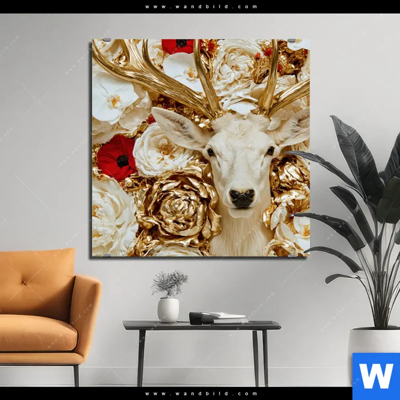 Aluminiumbild gebürstet | Weißer Hirsch zwischen Rosen | Quadrat