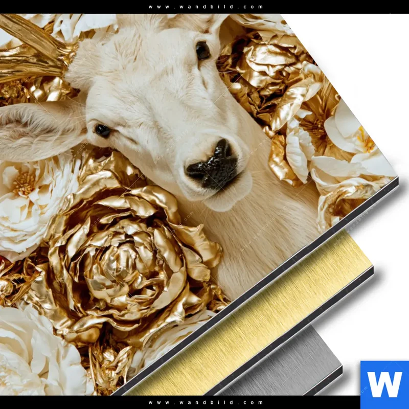 Aluminiumbild gebürstet | Weißer Hirsch zwischen Rosen | Quadrat