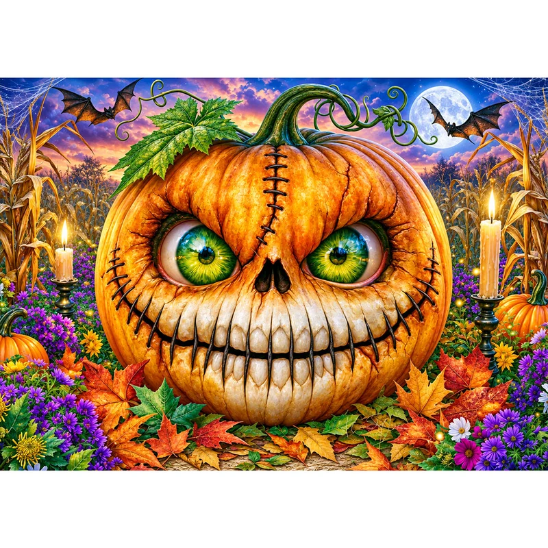 5D Diamond Painting – Kürbisgrinsen im Halloween-Zaubergarten