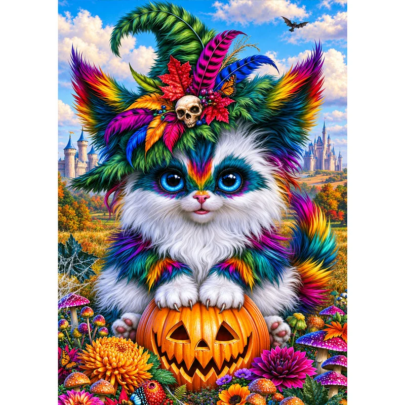 5D Diamond Painting – Farbenfrohe Halloween-Katze im Zaubergarten