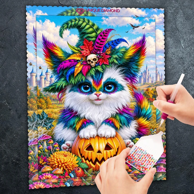5D Diamond Painting – Farbenfrohe Halloween-Katze im Zaubergarten