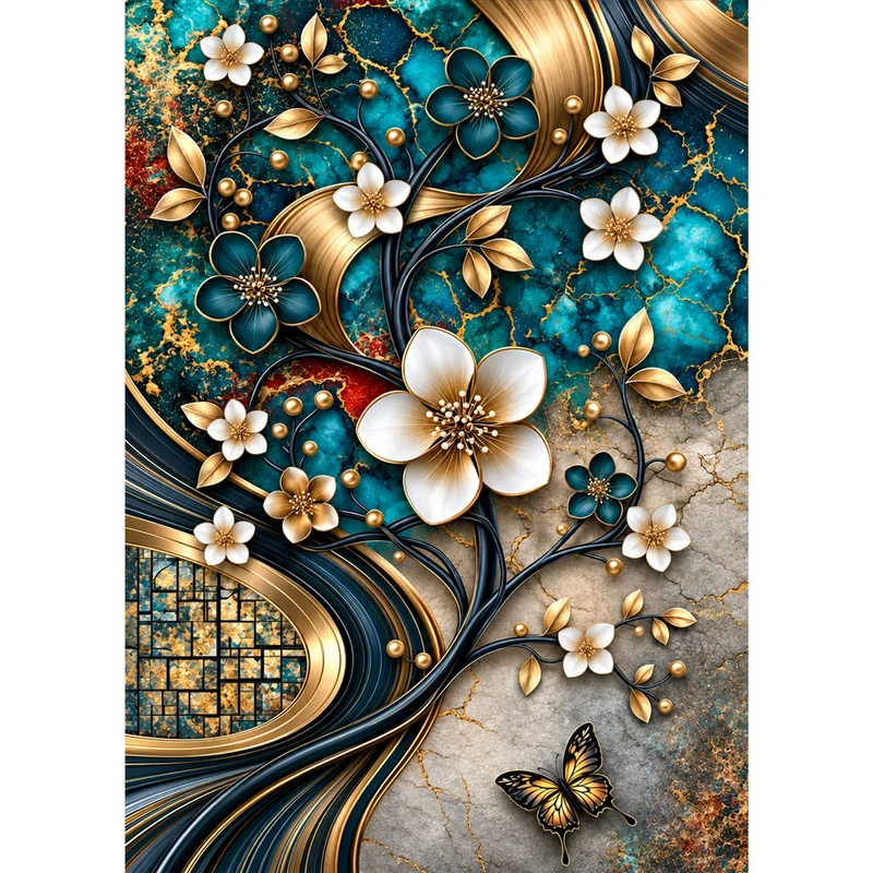 5D Diamond Painting – Blütentanz in Türkis & Gold