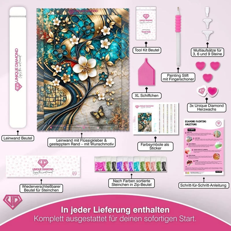 5D Diamond Painting – Blütentanz in Türkis & Gold