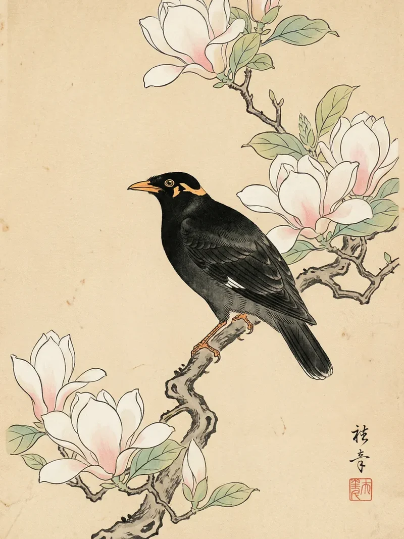 Diamond Painting Amsel bei Magnolie Japan
