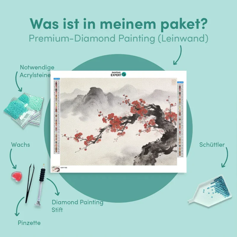 Diamond Painting Kirschblüten vor nebelverhangenen Berggipfeln – Japandi-Panorama Japan